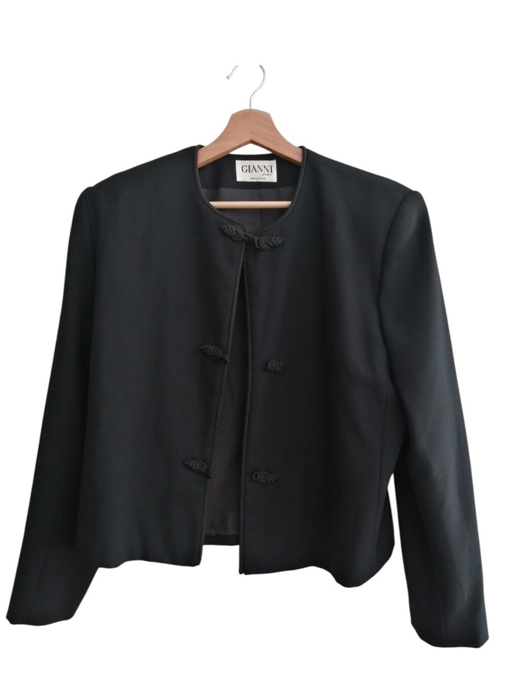Vintage Gianni Black Wool Collarless Blazer Jacket Pankou Knots Plus Size 16